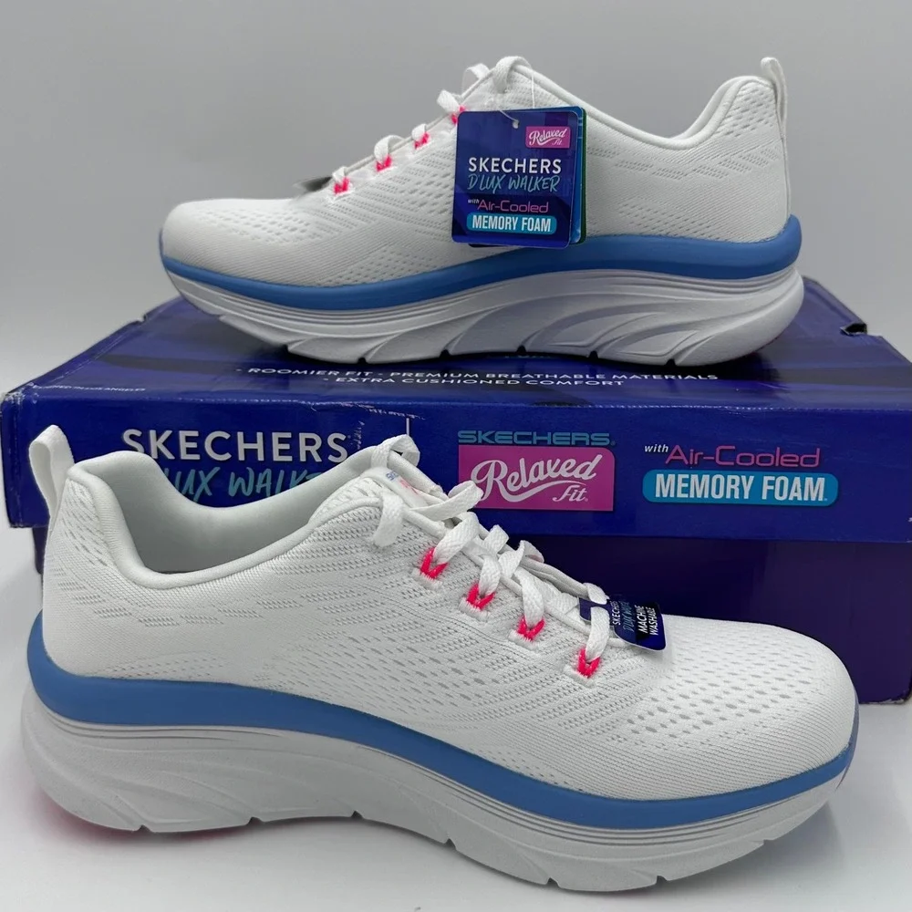 Skechers D'Lux Walker Sneakers Womens 9.5 White Blue Infinite Motion 149368 NEW